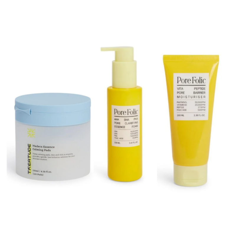madeca essence calming pad 130 ml x pore clarifying essence foam 150ml x vita peptide pore barrier moisturizer 100 ml